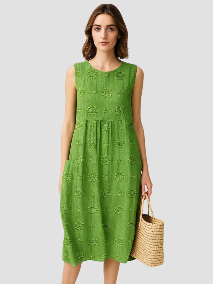 Elodie | Vestido midi feminino sem mangas em linho texturizado