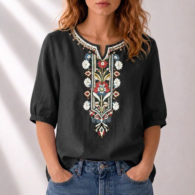 Lucille | Embroidered Split-Neck Blouse