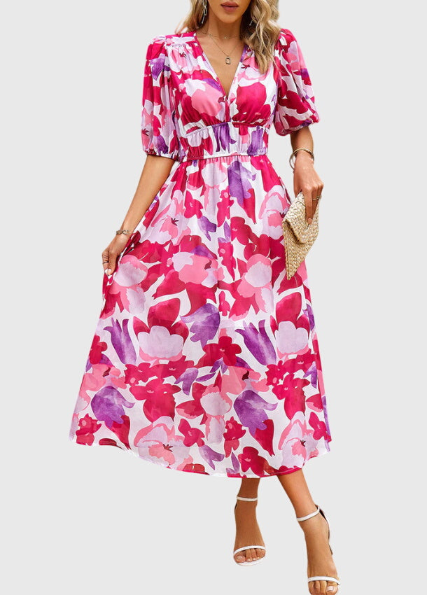 Juliette | Bedrucktes Midikleid für Damen mit V-Ausschnitt und Puffärmeln