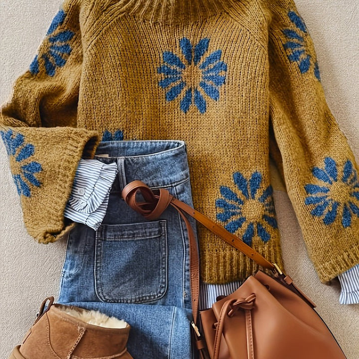 Freya | High Neck Floral Knit Sweater