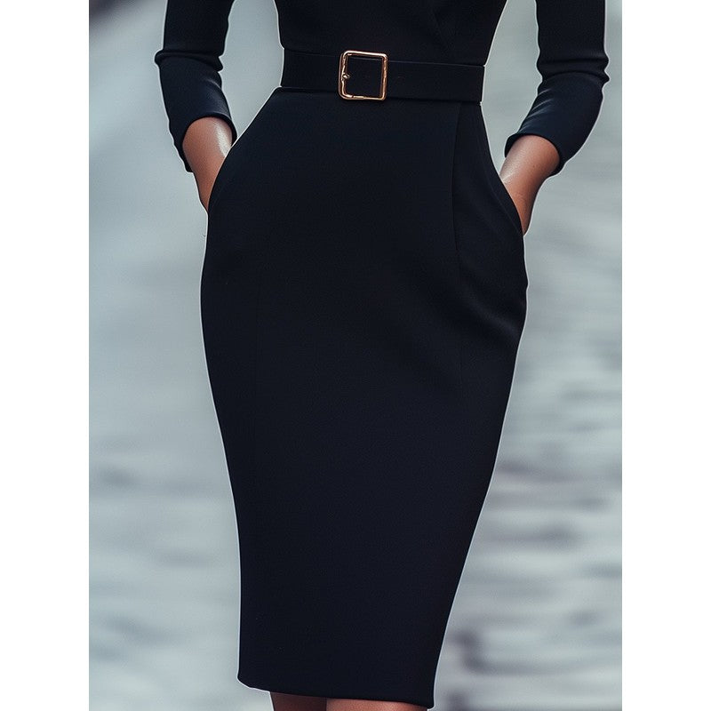 Women Midi Dress with Belted Wrap Collar