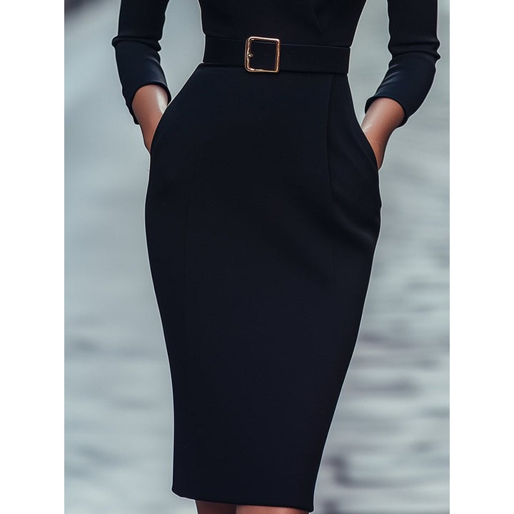 Women Midi Dress with Belted Wrap Collar