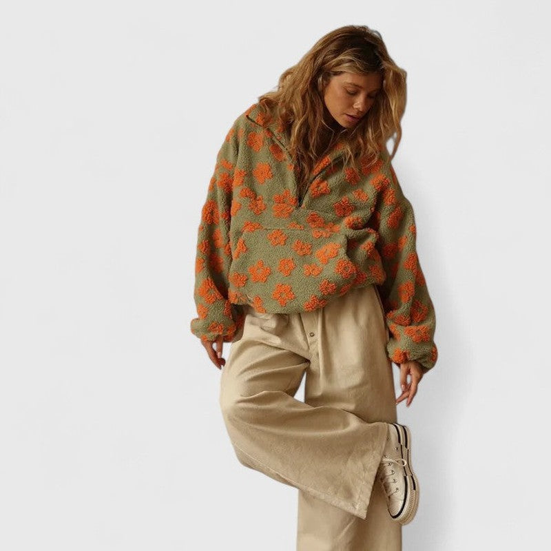 Delysanne | Maglione floreale audace con mezza zip