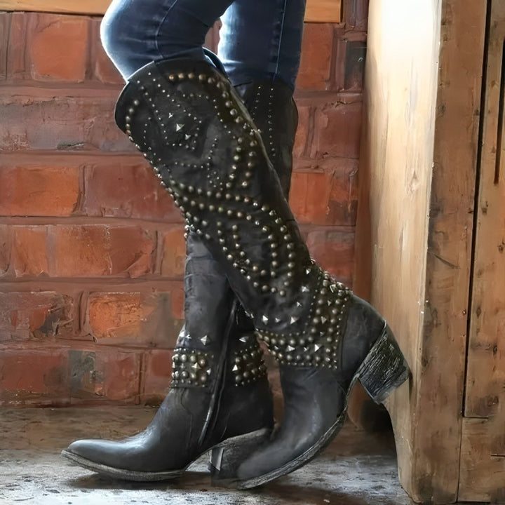 Women Studded Western Knee-High Boots