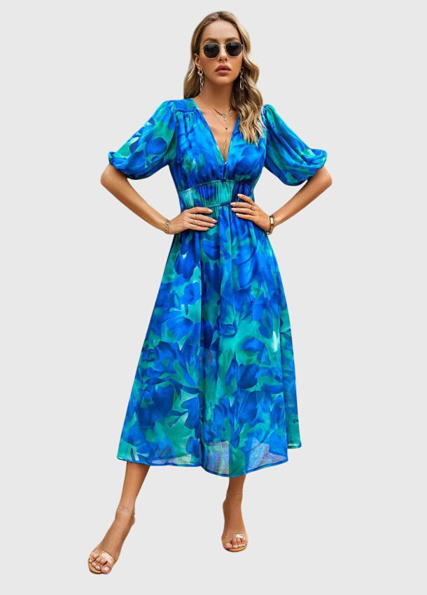 Juliette | Bedrucktes Midikleid für Damen mit V-Ausschnitt und Puffärmeln