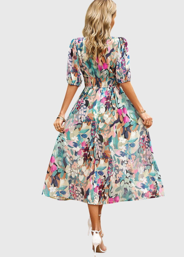 Juliette | Bedrucktes Midikleid für Damen mit V-Ausschnitt und Puffärmeln