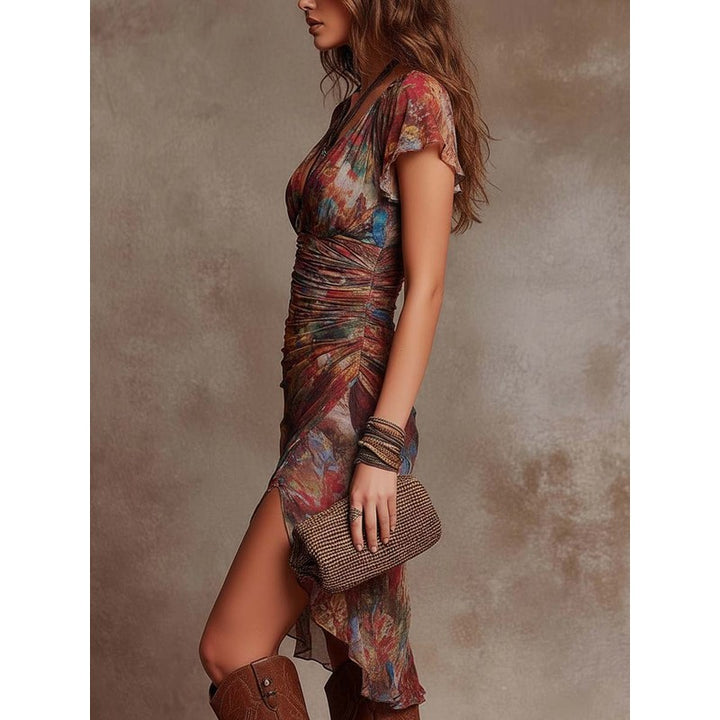 Danica | Bohemian Sunset Print Ruffle-Sleeve Midi Dress