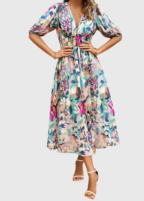 Juliette | Bedrucktes Midikleid für Damen mit V-Ausschnitt und Puffärmeln