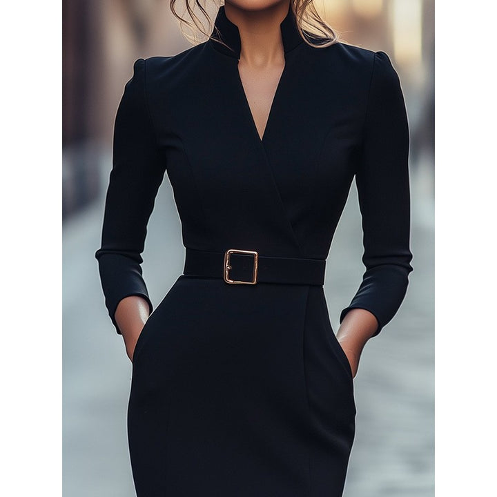 Women Midi Dress with Belted Wrap Collar