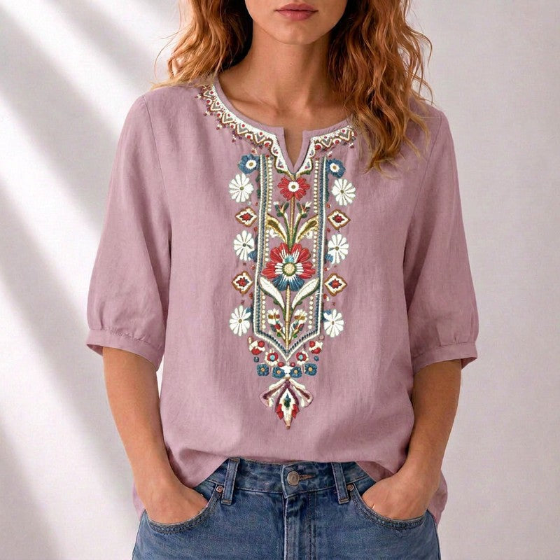 Lucille | Embroidered Split-Neck Blouse
