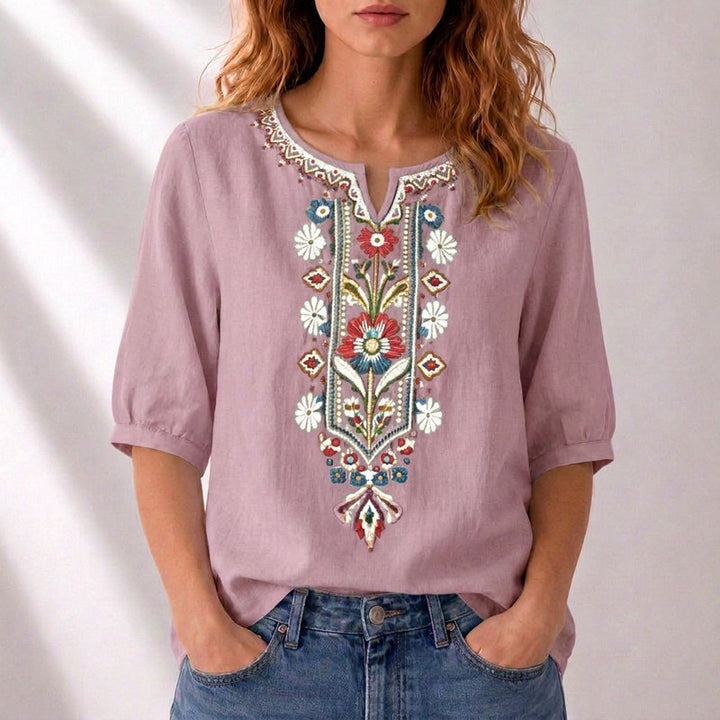 Lucille | Embroidered Split-Neck Blouse