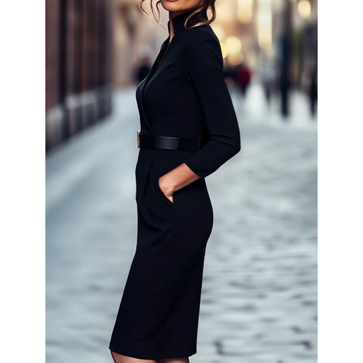 Women Midi Dress with Belted Wrap Collar