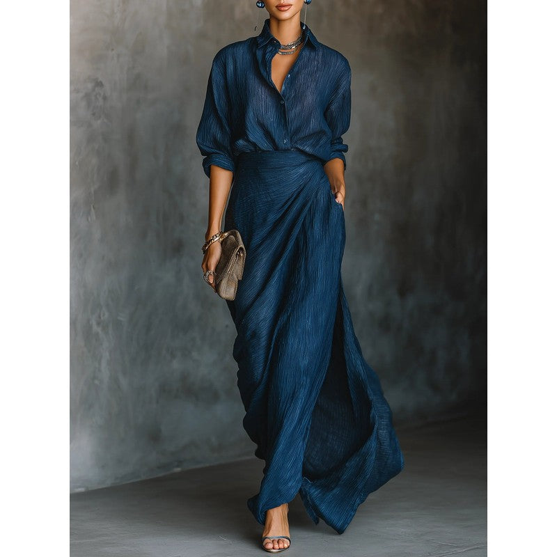 Cielo | Button-Front Shirt & Wrap Maxi Skirt Set