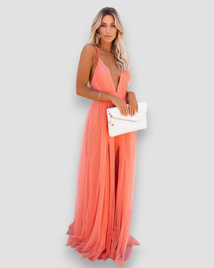 Davina | Vestido maxi de malha transparente com decote profundo