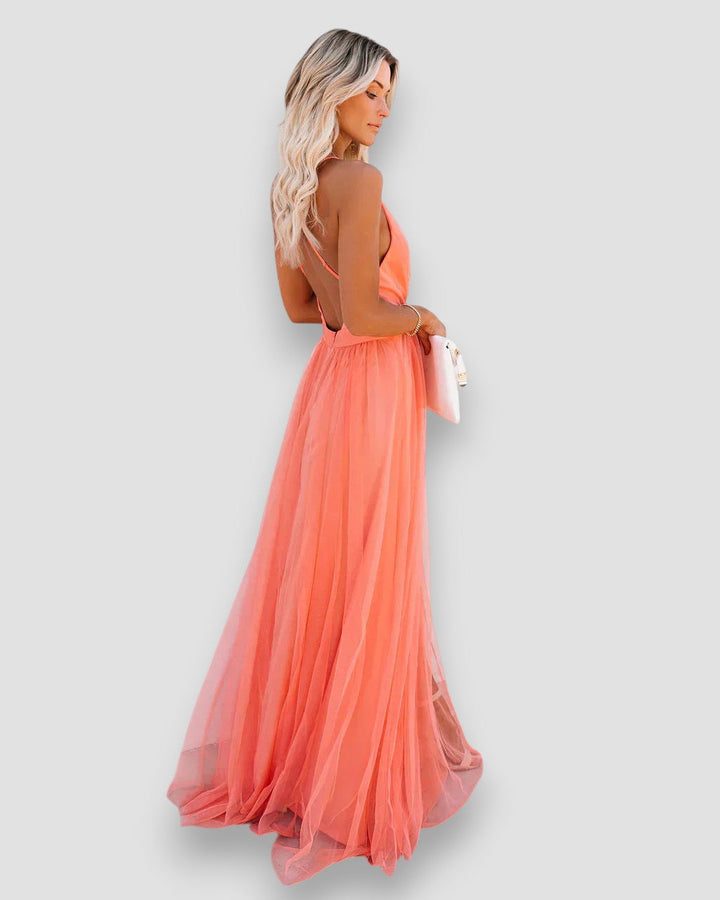 Davina | Vestido maxi de malha transparente com decote profundo