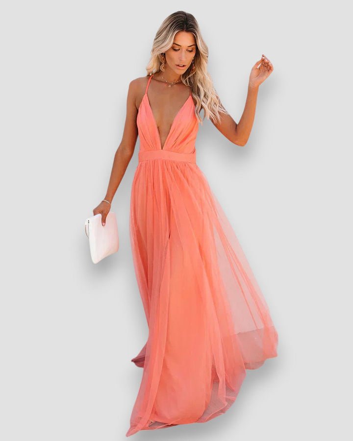Davina | Vestido maxi de malha transparente com decote profundo
