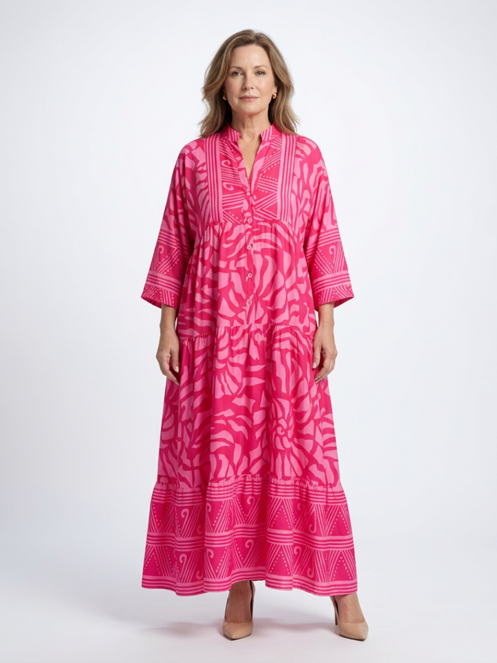 Emberly | Vestido caftan comprido estampado com folhos