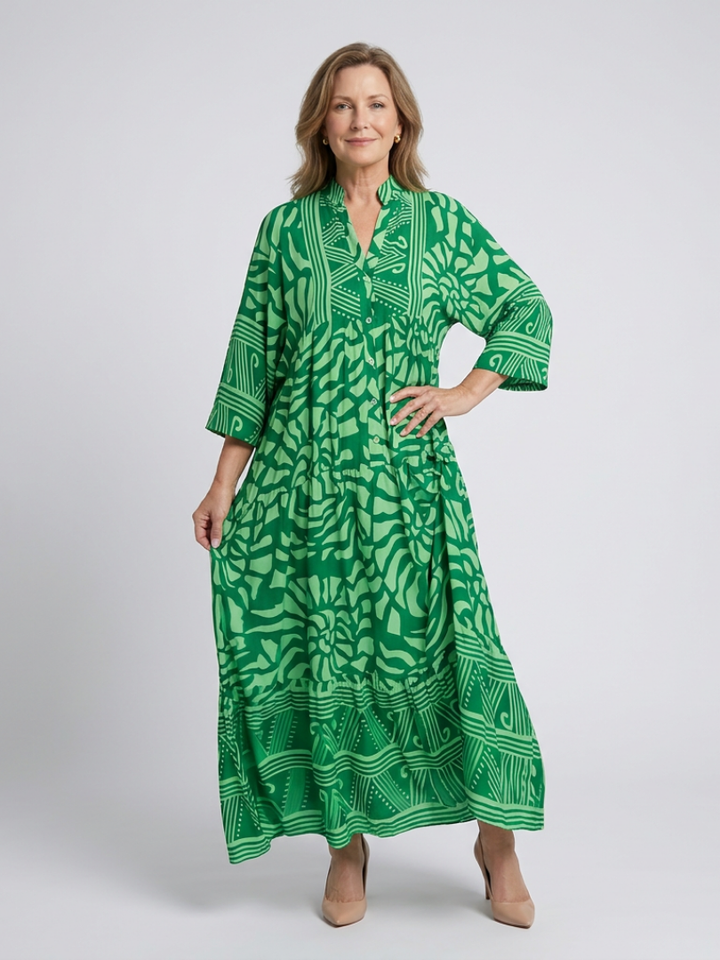 Emberly | Vestido caftan comprido estampado com folhos