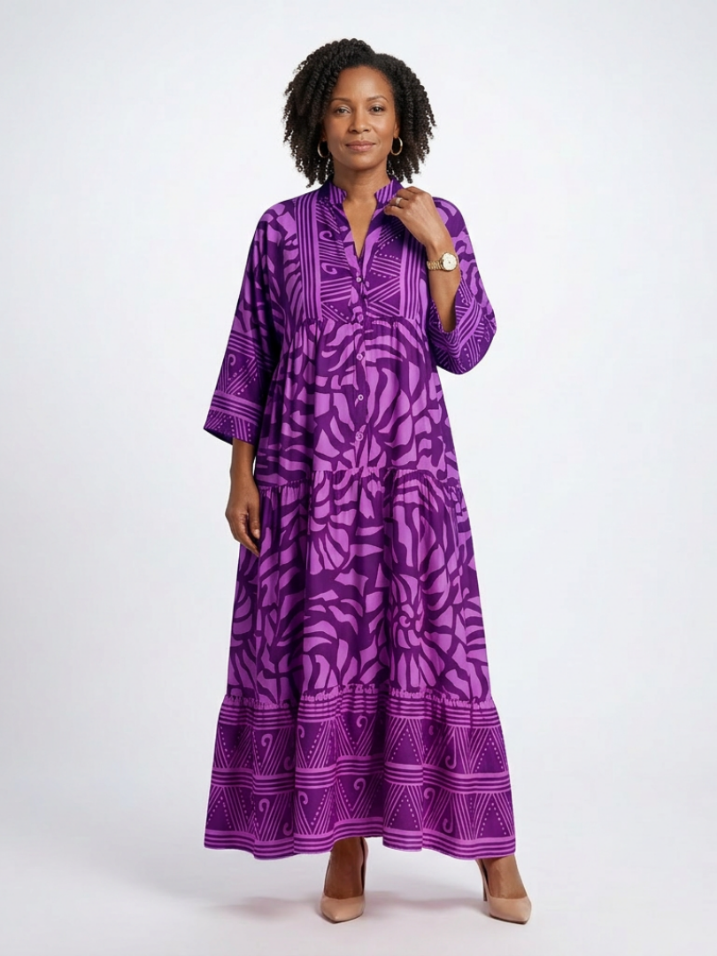 Emberly | Vestido caftan comprido estampado com folhos