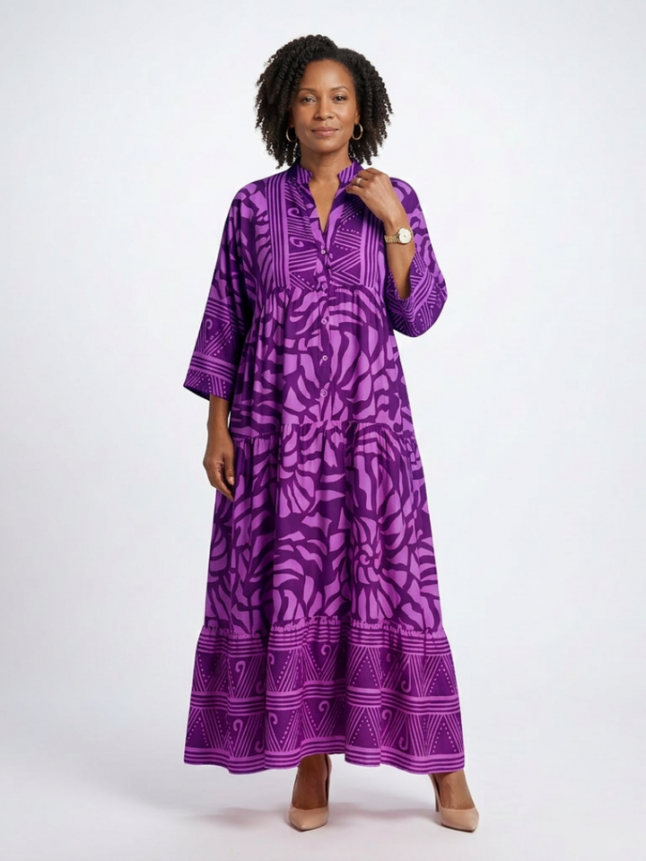 Emberly | Vestido caftan comprido estampado com folhos