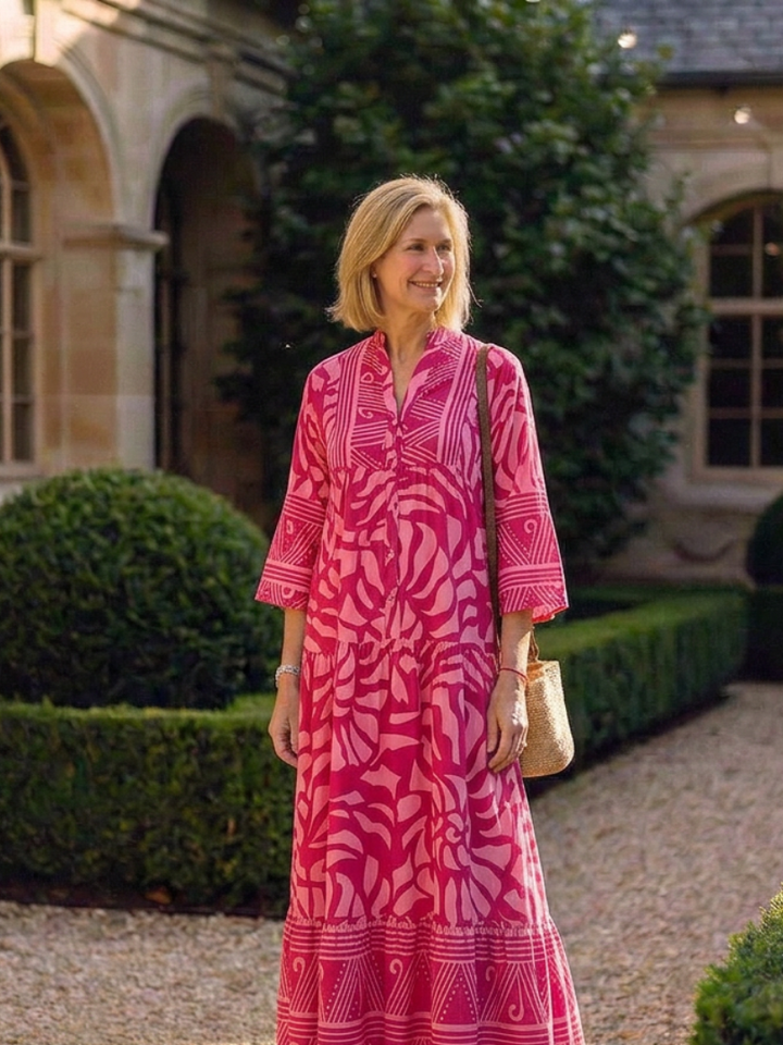 Emberly | Vestido caftan comprido estampado com folhos